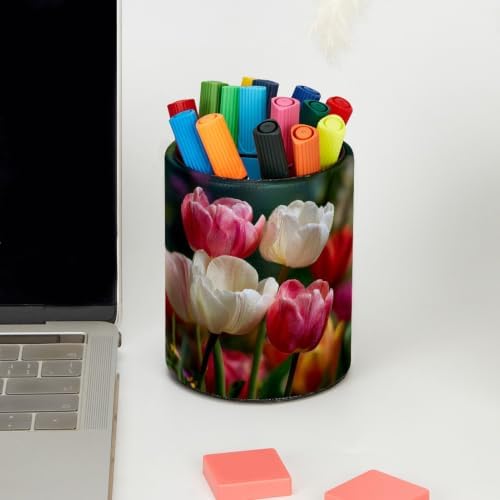 Leather Pen Holder for Desk, Pink White Tulip Pencil Cup Pen Organizer Makeup Brush Holder for Office Home Kids Countertop Desk Accessory Storage - Image 5