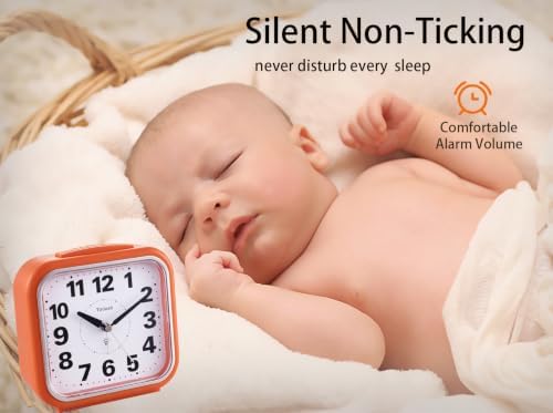 Tinload 5.5" Large No Ticking Analog Alarm Clock,Silent Readable for Seniors,Easy to Set,Gradual Rise Alarm,Big Numbers,Gentle Wake,Snooze, Lighted on Demand,Battery Operated,Orange - Image 3