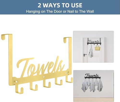 Azmoncy 2 Pack Over The Door Hooks, Towel Rack for Bathroom Towel Holder for Hanging Heavy Duty, Wall Mount Towel Hanger with 10 Hooks for Bedroom Bathroom Kitchen Towels, Bag, Coats(Gold) - Image 4