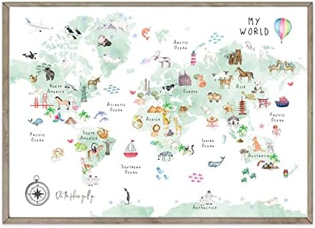 Green Kids World Map Wall Art Animal Map Canvas Wall Art Nursery Wall Decor World Map Poster Childrens Room Decor Playroom Prints Educational Artwork 16x24 Inch Unframed by Unknown