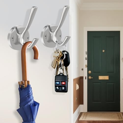 TOFIIGREM Brushed Nickel Wall Hooks, 4 Pack Heavy Duty Coat Towel Hook Metal Double Hook Wall Mounted Hanging, Bath Towel Hooks for Entryway Cubicle Bathroom Closet Garage - Image 2