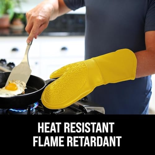 BPA-Free Soft Silicone Oven Mitts - Ultra Heat Resistant Oven Mitts with Thick Cotton Liner - Long Slip Resistant Pot Holders, Flexible Oven Gloves - Yellow 13.7" - Image 2