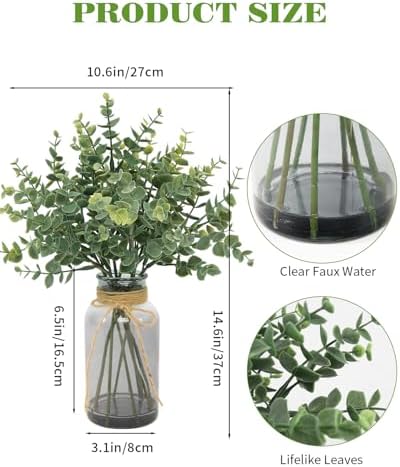 Coferset Fake Eucalyptus Stems in Glass Vase with Faux Water,Gray Vase - Image 6