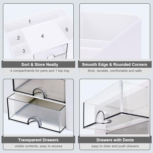 Meiikun Plastic Pen Organizer, Multifunctional Desk Organizer with 2 Drawers, 4 Compartments & a Top Tray, Pencil Holder Desktop Organizers and Accessories for Office, 7.7" x 5.5" x 3.9" (White) - Image 5
