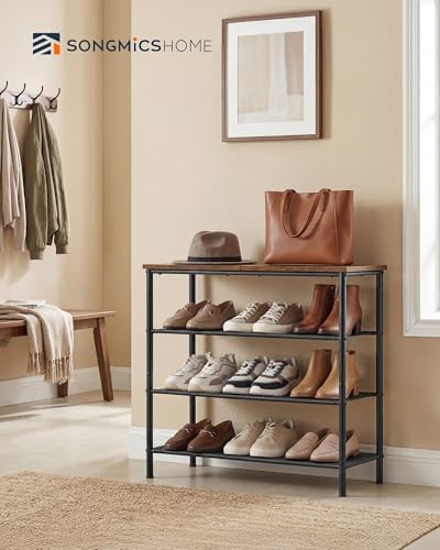 SONGMICS HOME 4-Tier Shoe Rack, Free Standing Shoe Storage Organizer, 12 x 29.7 x 28.2 Inches, Metal Frame with Top Surface for Closet Entryway, Rustic Brown and Black - Image 3