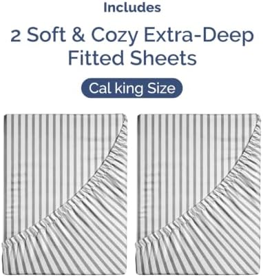 CGK Linens 2 Pack Extra Deep Cal King Fitted Sheets - Grey Stripes - Image 4