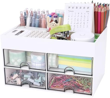 Meiikun Desk Organizer, Office Organizer with Drawer, Desk Accessories & Workspace Organizers, Pen Holder Office Supplies for Desk (4 Drawers+4 Compartments, White) by Meiikun
