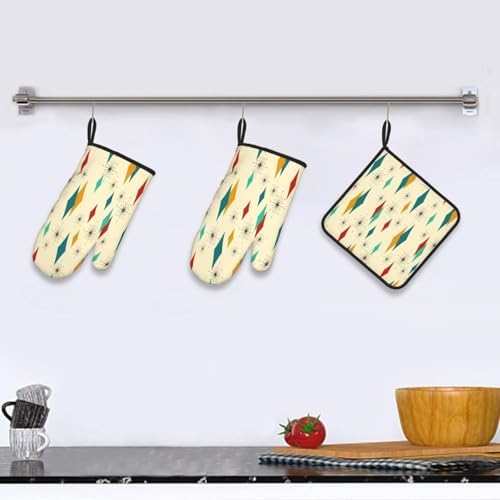 Mid Century Modern Oven Mitts and Pot Holders Set Heat Resistant Non Slip Set of 3 Retro Decor Kitchen Gloves Hot Pads for Cooking BBQ Baking Grilling - Image 6