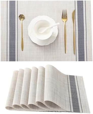 Leetaltree Khaki-Blue Placemats, Heat Resistant Non-Slip Place mats for Dining Table, Washable Durable PVC Vinyl Woven Table Mats (Set of 6) by Leetaltree-ArtatEveryTable