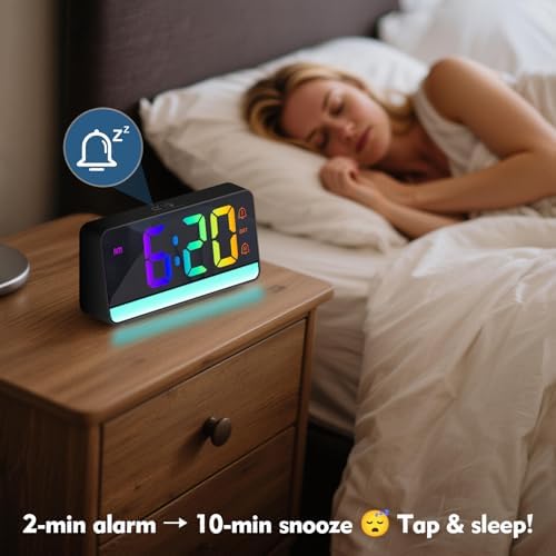 ALANAS Large Display RGB Digital Alarm Clock for Bedrooms, Dynamic Color Night Lights, Dual Alarms, Snooze, Dimmer/3 Volume, USB Ports, Plug in Clocks for Kids, Teens, Seniors, and Heavy Sleepers - Image 4
