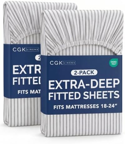 CGK Linens 2 Pack Extra Deep King Fitted Sheets - Grey Stripes by CGKUnlimited