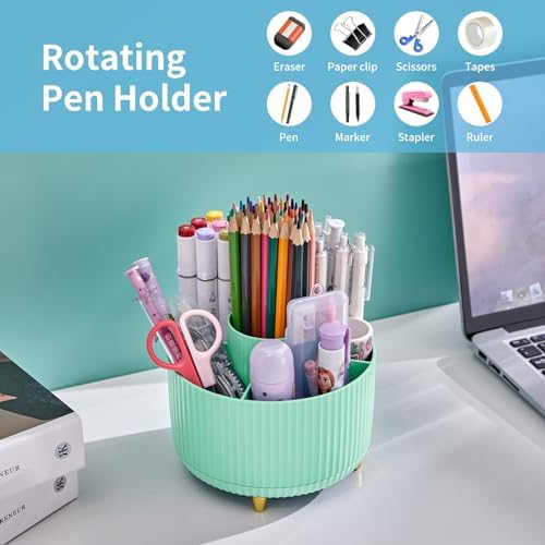 Marbrasse Desk Organizer, 360-Degree Rotating Pen Holder, Desk Organizers and Accessories with 5 Compartments Pencil Holder, Art Supply Storage Box Caddy for Office, Home (Mint Green) - Image 3