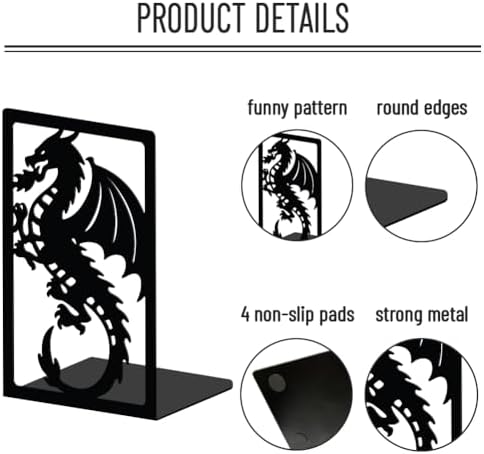 WADORN Creative Dragon Metal Bookends for Shelves Decorative 1 Pair, Heavy Duty Books End Support Non-Skid Book Holder Black L-Shaped Book Stopper for Home Office Desk Book Divider, 4.7x3.5x7 Inch - Image 4