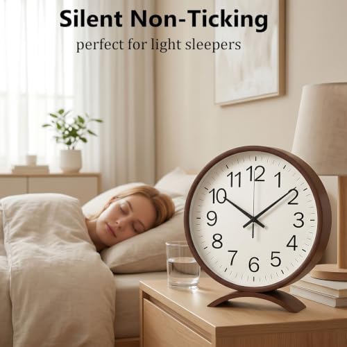 Maxspace Table Clock-8 Inch Silent Non-Ticking Wooden Timepiece Desk Clock, Battery Operated Decor Round Clock for Living Room Office Bedroom Decor (Walnut, White Dial, Black Hands) - Image 5