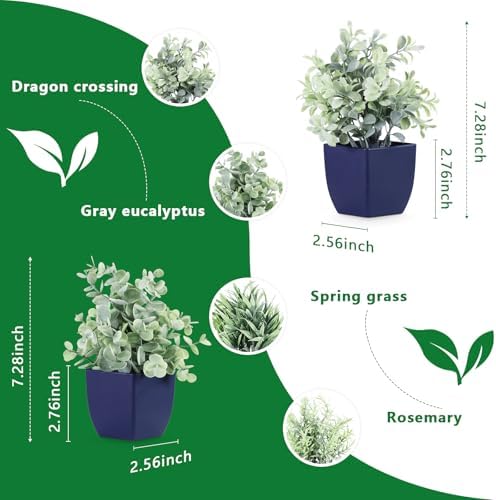 4pcs Fake Small Plants, Artificial Greenery Potted Plant for Home Office Decor, Small Faux Gray Grass Eucalyptus for Bathroom Plants Decoration, Mini Blue Plant Potted Table Shelf Decoration - Image 2