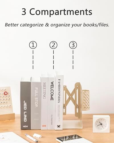 Kingsmile Book Ends, Adjustable Heavy Duty Metal Book Stoppers with Pen Holder for Desk Office Library Kids Room(Light Beige) - Image 3