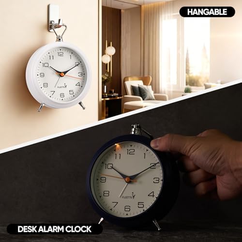 FLOITTUY 4.5" Battery Operated Antique Retro Analog Metal Alarm Clock, Silent Bedside Desk Clock, Wall-Hanging Vintage Clock(White) - Image 3