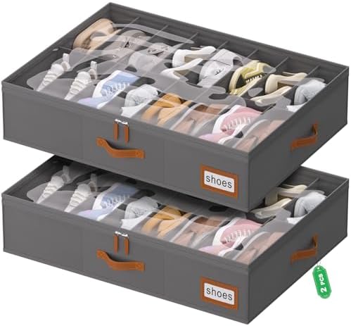 homyfort Shoe Organizer Under Bed, Fits 32 Pairs, Under bed Shoe Storage Boxes with Study Handles and Clear Cover, zapateras organizer for shoes, set of 2 by homyfort