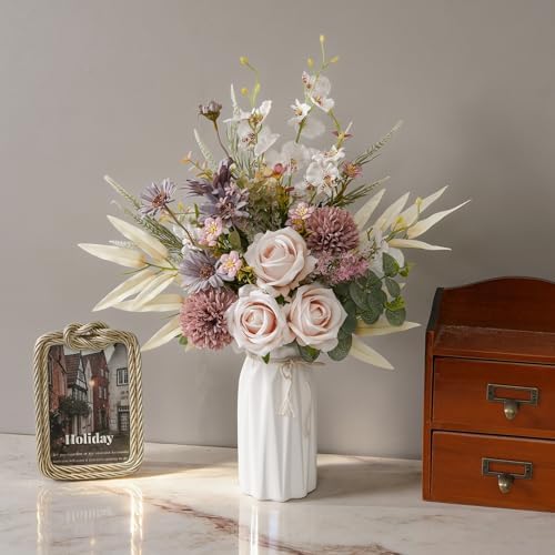 16-inch Artificial Fake Flowers Silk Table Arrangements Faux Plastic Floral Centerpieces for Home Kitchen with Roses, Dandelions, Chrysanthemum, Phalaenopsis, Eucalyptus, Sages, Orchids - Image 5
