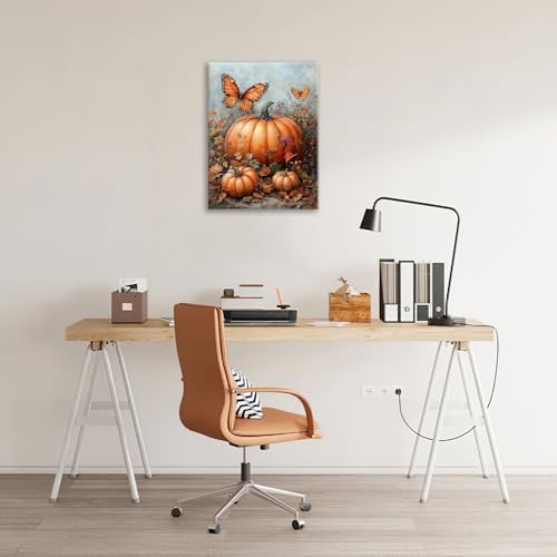 Fall Pumpkin Pictures Wall Art, Rustic Thanksgiving Bathroom Wall Decor, Farmhouse Autumn Butterfly Framed Painting Canvas Artwork for Harvest Gift Bedroom Living Room Decorations 20" L x 16" W - Image 7