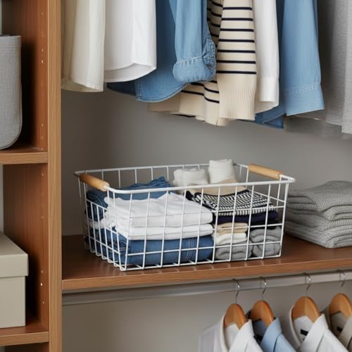 Kitchen Wire Baskets Farmhouse Decor Metal Food Storage Organizer,Household Refrigerator Bin with Built-in Handles for Cabinets, Pantry, Bathroom,2 Packs(white) - Image 5
