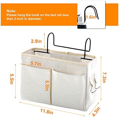 Surblue Bedside Caddy Bedside Storage Bag Hanging Organizer for Bunk, Hospital Beds, Dorm Rooms Bed Rails Camp 4 Pockets and 2 Hooks (White) - Image 6