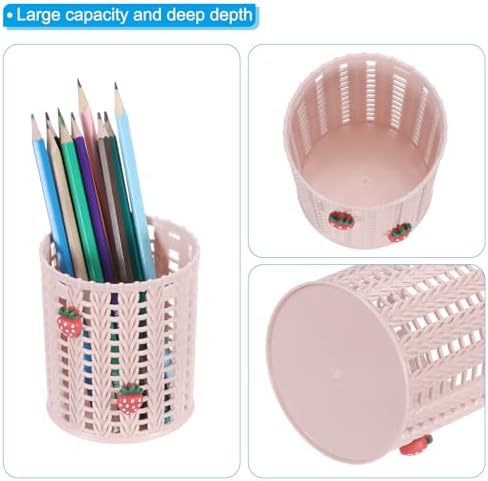 PATIKIL Pencil Holder, 2 Pack Plastic Pen Holder for Desk Cute Pencil Holders Strawberry Cup Organizer Mesh Makeup Brush Holder Stationery Storage, Pink - Image 3