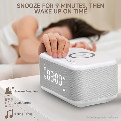 Alarm Clock Speaker Wireless Charger, Digital Alarm Clocks Bedrooms Bluetooth, Alarm Clock Dimmable Light Bedrooms Dual Alarm Snooze Dimmer 12 24H RGB Night Light Bluetooth USB AUX, White - Image 4