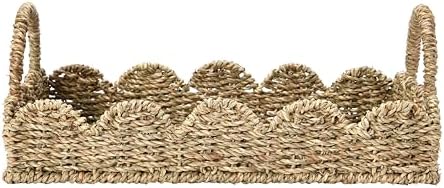 Household Essentials Seagrass Decorative Tray with Scalloped Edge, Handwoven Natural Wicker Organizer Basket with Handles & Iron Frame for Coffee Tables, Bathrooms & Countertops - Image 3