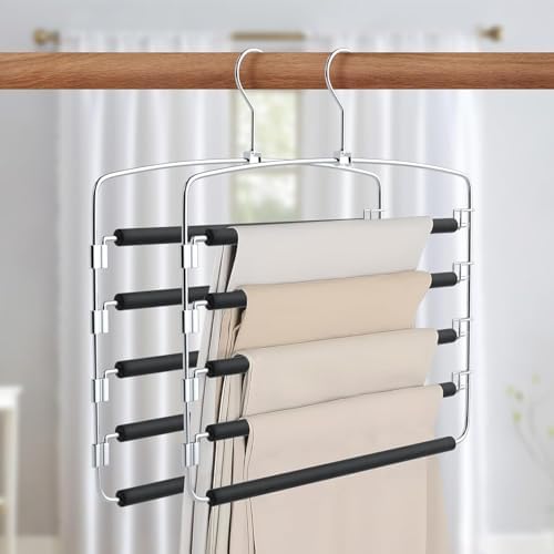 5-Tier Pants Hanger 2 Pack, Closet Organizer Space Saving Hanging Storage for Jeans, Trousers, Skirts, Dresses, Scarves (2-Pack) - Image 5