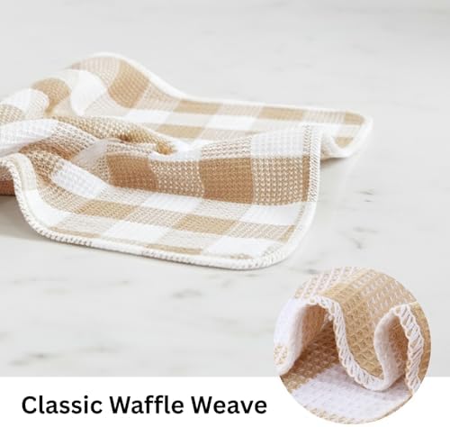 Waffle Weave Plaid Dish Cloth, Dish Cloth 12x12"Set of 8 - Beige & White - Image 3