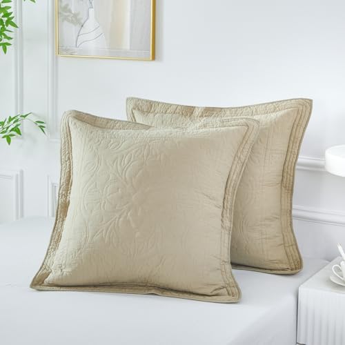 WINLIFE 100% Cotton Quilted Euro Sham Covers, 2 Pack Cotton 26'' x 26'' Pillow Covers, Soft and Breathable Euro Shams, Square Pillow Shams, Khaki - Image 4
