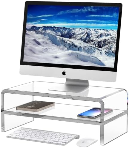 Egchi Acrylic Monitor Stand, 2 Tiers Clear Monitor Riser Computer Stand for Office, Home, Office, 5.12 Inches Hight PC Desk Stand for Keyboard Storage, Premium Platform for Laptop Printer TV Screen by Egchi