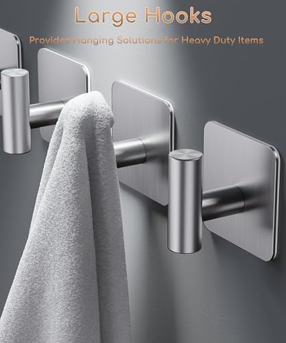 Aikzik 4 Pack Large Heavy Duty Wall Hooks - 26lb Max, Stainless Steel Adhesive Towel Hook, Shower Hooks for Hanging Towel, Coat, Robe, Wall Hook for Use in Bathroom, Kitchen and Door - Image 3