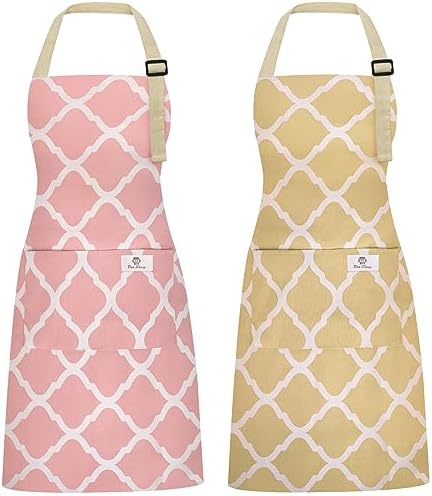 2 Pieces Aprons for Women with Pockets, Cotton Linen Waterproof Kitchen Cooking Aprons, Chef Apronfor Men Women with Adjustable Neck Strap and Long Ties(Pink/Yellow) by Riqiaqia