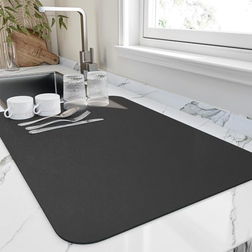 HotLive Dish Drying Mat for Kitchen Counter, Heat Resistant Drainer Mats with Non-slip Rubber Backed, Hide Stain Kitchen Super Absorbent Draining Mat, Easy to Clean Dish Rack Pad, Black 18"x24" by HotLive