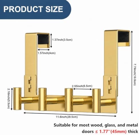HUFEEOH Over Door Hooks, Stainless Steel Door Hanger with Non-Slip Pads, Easy Install Towel Coat Storage Fits 1-3/4" Thick Door (Gold, Fits 1-3/4" Thick Door - 4 "T” Hooks - 1 Pack) - Image 2