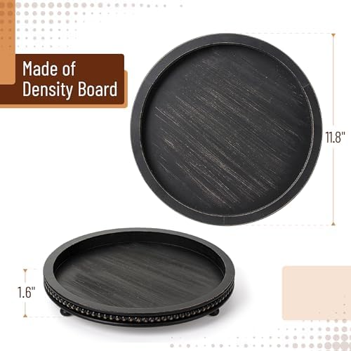 Bamboo Land- Round Decorative Trays for Coffee Table, 12", Black, Wood Tripod & Beaded Design, Wooden Round Tray for Coffee Table - Image 2