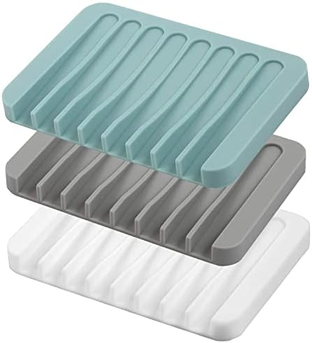 Self Draining Soap Dishes, 3 Pcs Silicone Soap Saver, Waterfall Drainer Soap Holder for Bathroom, Extend Soap Life, Keep Soap Bars Dry Clean & Easy Cleaning (White, Gray, Teal) by MODENGKONGJIAN