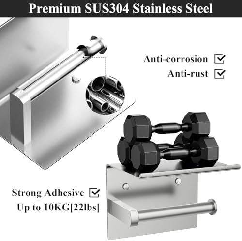 Tindbea Mega Size Toilet Paper Holder with Shelf + Towel Robe Hooks, Adhesive or Screw Wall Mounted Toilet Paper Roll Holder, Stainless Steel Bathroom Hardware Set (Brushed Nickel) - Image 4