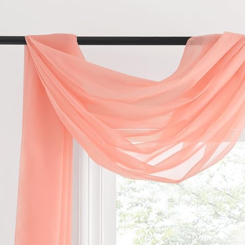 NICETOWN Sheer Scarf Curtain for Bedroom - Soft Voile Textured Window Topper Curtain Valance for Princess/Daughter Room Decor (W60 x L216, 1 Pack, Coral) - Image 3