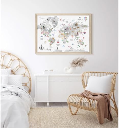 Joocrise Grey Kids World Map Wall Art Animal Map Canvas Wall Art Nursery Wall Decor World Map Poster Childrens Room Decor Playroom Prints Educational Artwork 16x24 Inch Wood Frame - Image 5