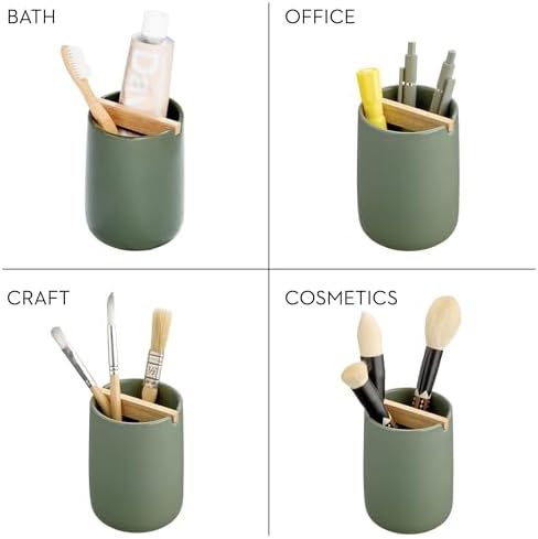 iDesign Ceramic Earth Collection Toothbrush Holder, Moss/Natural Wood - Image 3