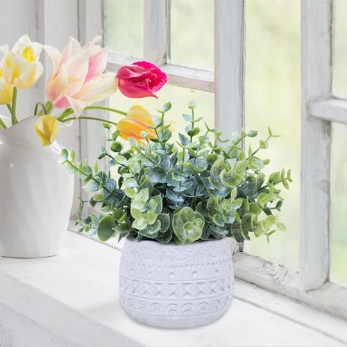 Winlyn Set of 2 Small Artificial Potted Plants Faux Eucalyptus Plant in White Geometric Ceramic Pots Small Desk Potted Plants 7.1" Tall for Home Office Room Decorations Wedding Greenery Centerpiece - Image 4