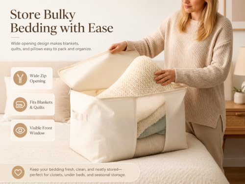 DoYiKe Soft Canvas Clothes Storage Bags with Four Carrying Handles and Clear Window, Closet Organizer for Clothing, Blankets Sheets and Bedding, 55L, Beige - Image 4