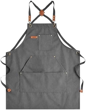 Canvas Chef Apron for Men and Women, Cotton, Cross-Back, 5 Pockets by HYVOROS