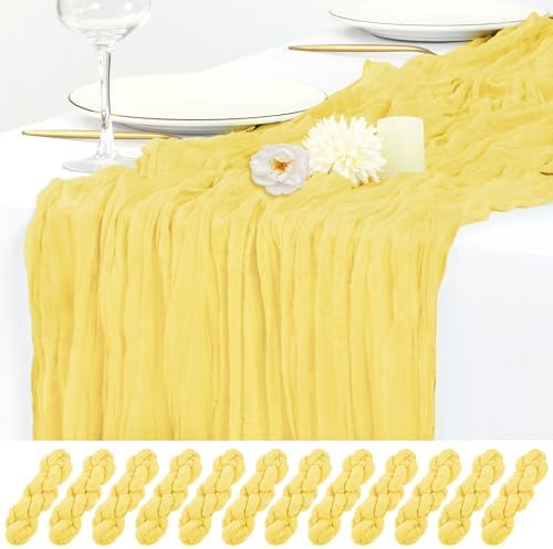 12 Pack Light Yellow Cheesecloth Table Runner 17x108 Inch Boho Gauze Cheese Cloth Table Runners Rustic Sheer Runner for Wedding Party Baby Shower Birthday Home Decor by Flowgrace