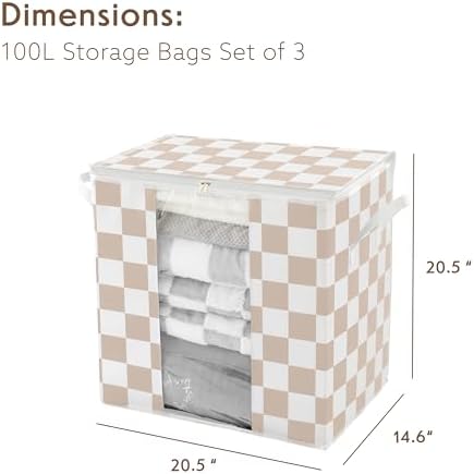 Ohocut Beige Checkered Clothes Storage Bins, 100L Large Blanket Storage Bags 3 Pack, Closet Organizers and Storage Containers for Comforters, Bedding, Foldable Organizer with Handle - Image 2