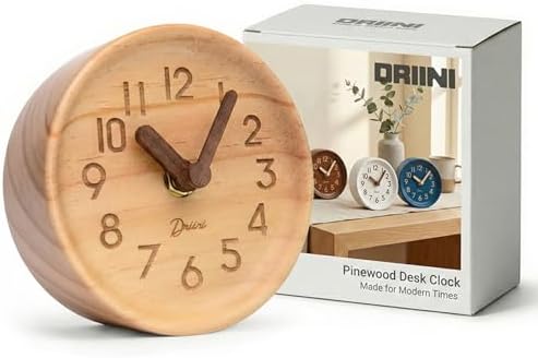 Driini Small Silent Wooden Analog Desk Clock for Shelf or Table, Light by Driini