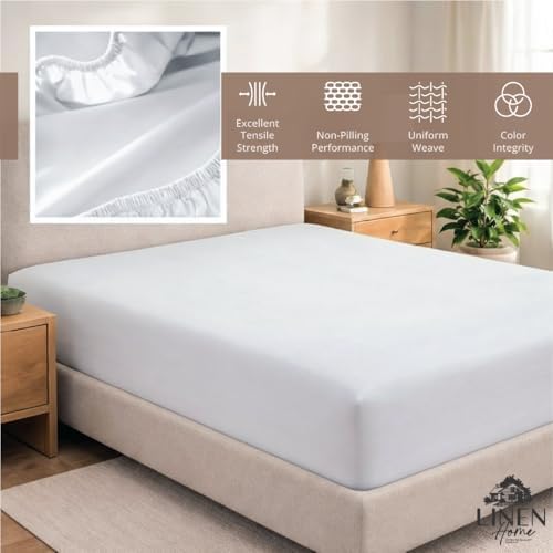 Linen Home 100% Cotton Percale Fitted Sheet only, Full Size, Snow White - Image 4